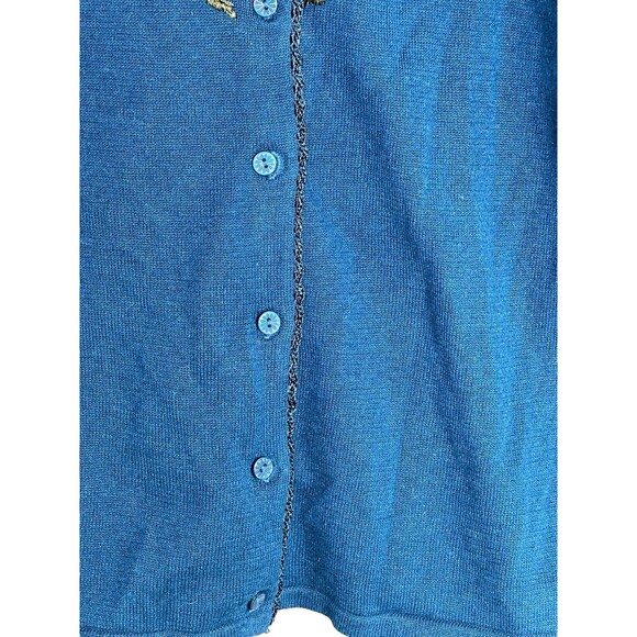 Vintage 90s Women’s R&K Short Sleeve Cardigan Sweater 8/M, Blue‎ W/ Flower - Picture 3 of 9